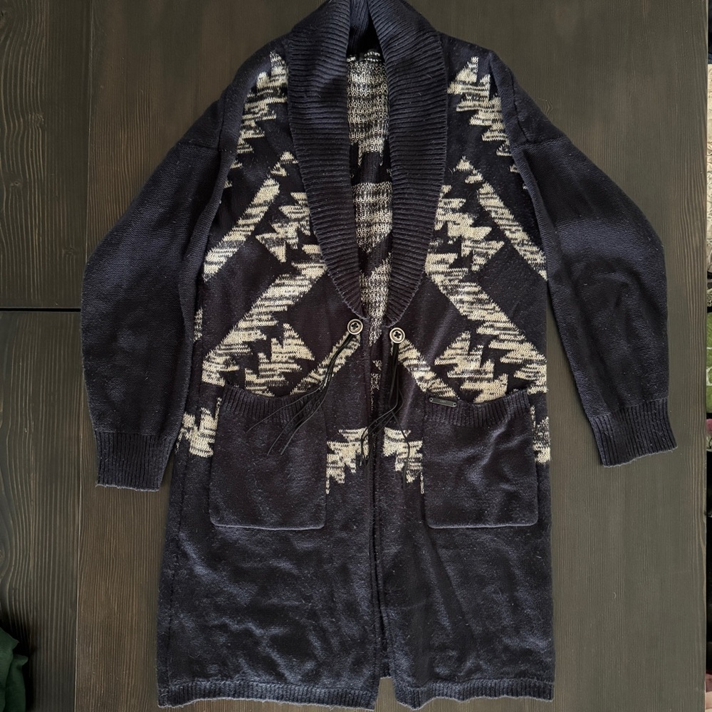 Obey Cozy Navy Blue and Cream Cardigan Sweater Duster
